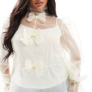 ASOS LUXE Curve organza long sleeve top with bow detail and cami in ivory